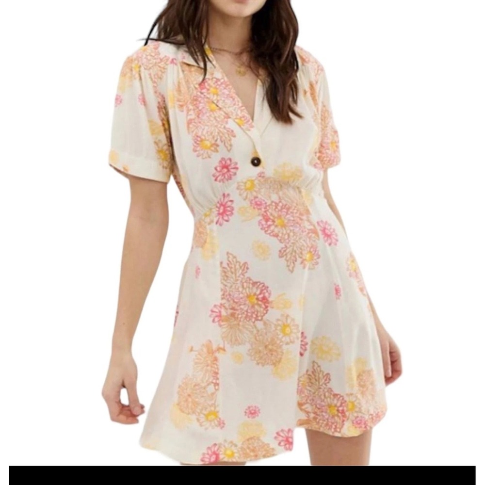 Free People Cream Mini Dress with Pink and Yellow Floral Motif - Picture 9 of 12